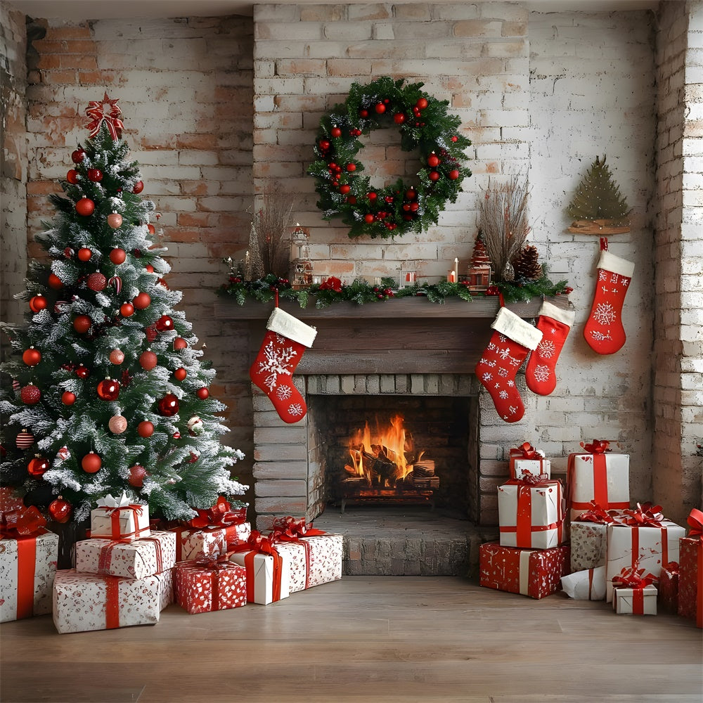Christmas Brick Wall Fireplace Stockings Backdrop UK RR8-115