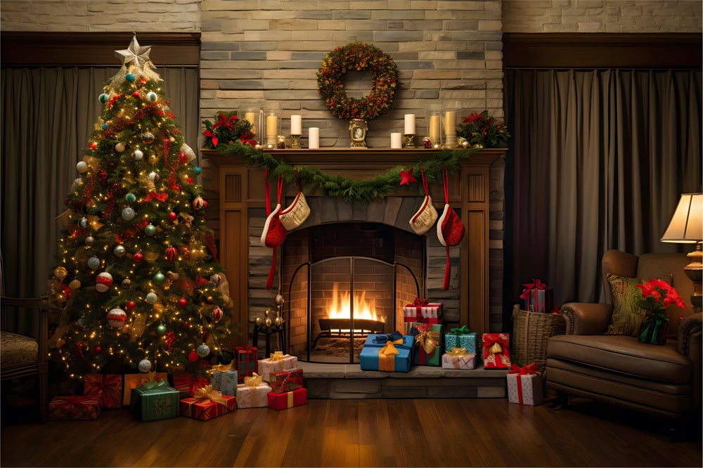 Christmas Rustic Living Room Tree Backdrop UK RR8-166