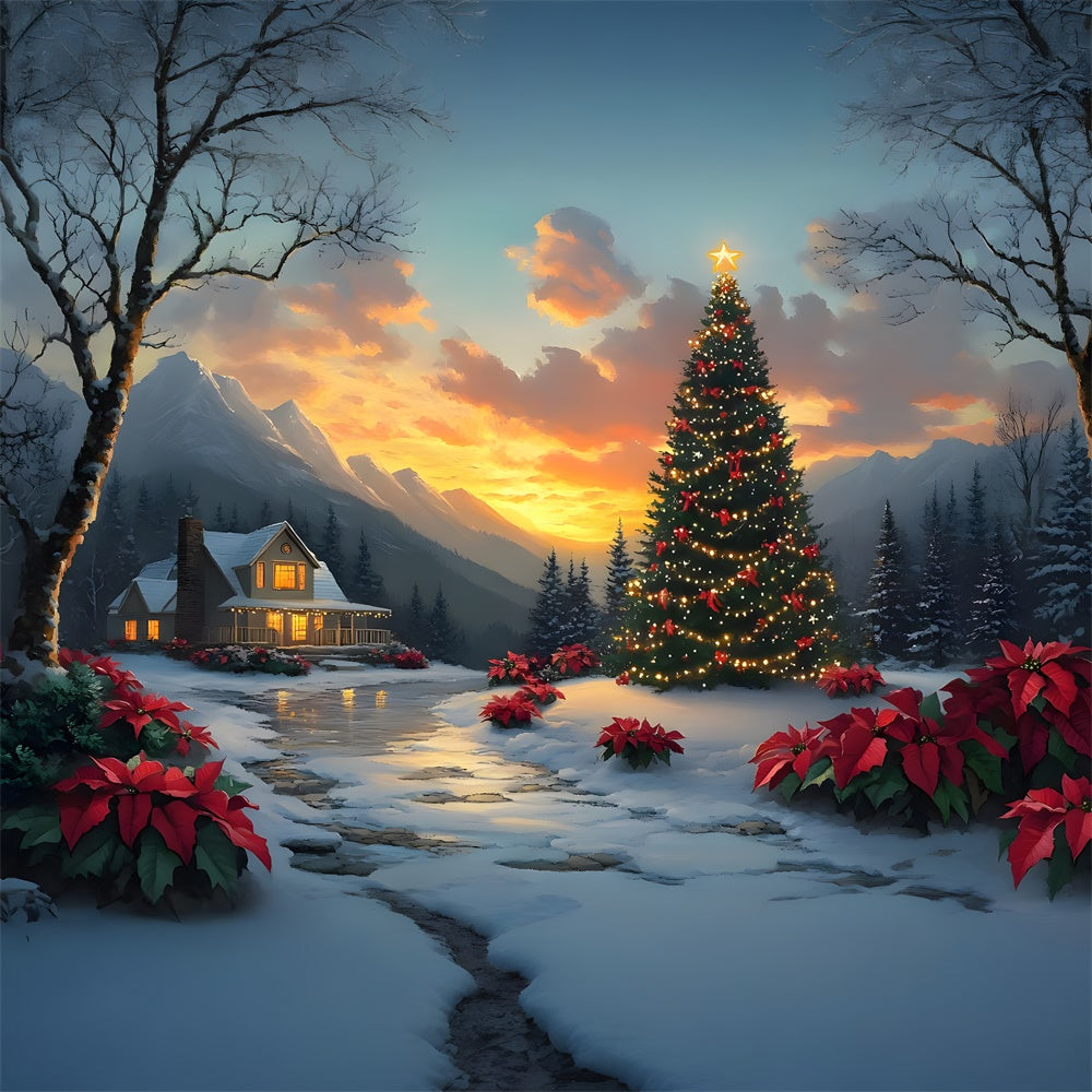 Christmas Tree Village Cottage Sunset Backdrop UK RR8-52