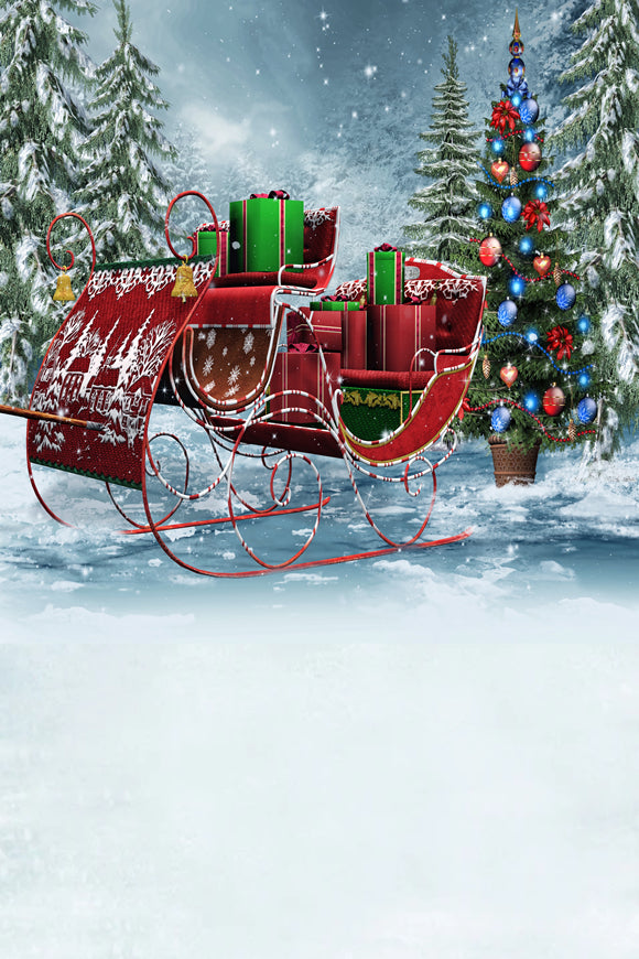Santa's Sleigh Christmas Tree Gift Snow backdrop UK for Picture ST-454