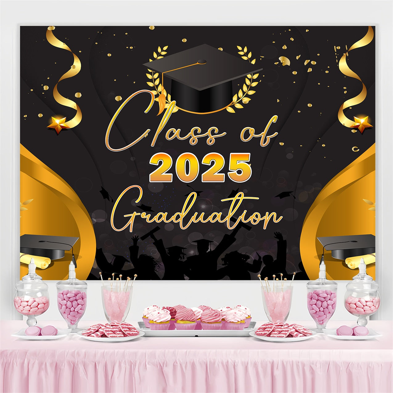 Graduation Photo Backdrop Golden Ribbon Hat Party Graduation Backdrop UK TWW3-102