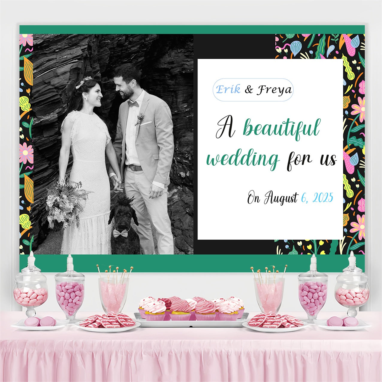 Wedding Photo Backdrops Floral Frame Personalised Backdrop UK TWW3-87