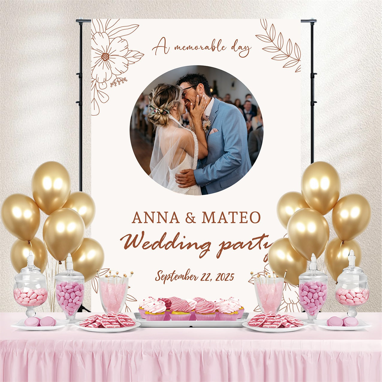 Wedding Backdrops Floral Line Art Personalised Backdrop UK TWW3-95