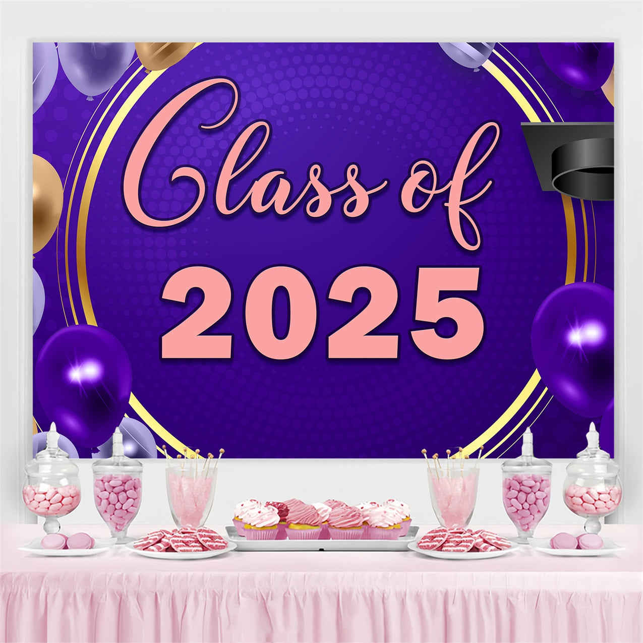 Graduation Backdrop Photoshoot Purple Gold Balloon Party Graduation Backdrop UK TWW3-98