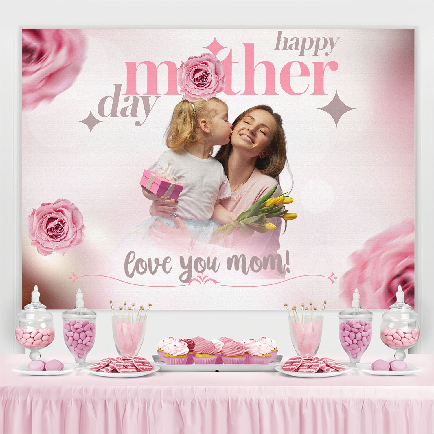 Mother's Day Photo Backdrop Pink Blossom Love Personalised Backdrop UK TWW4-4