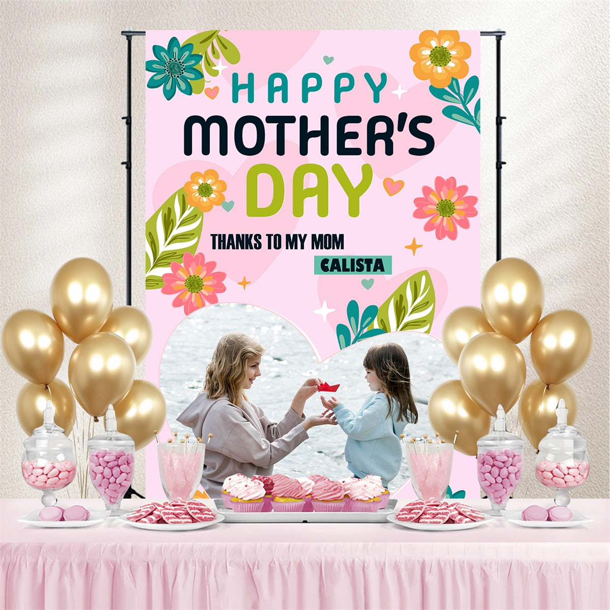 Backdrops For Mother's Day Pink Floral Love Personalised Backdrop UK TWW4-9
