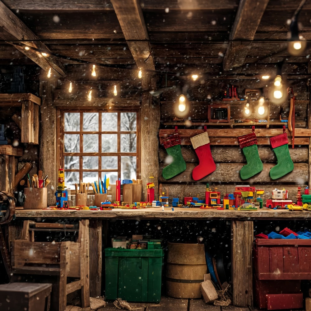 Santa's Workshop Backdrop Wood Cabin Toy Bench Christmas Backdrop UK TWW510-64