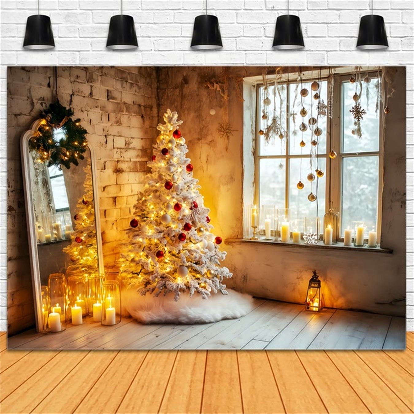New Years Backdrop Cozy Candles Christmas Tree Happy New Year Backdrop UK TWW512-1