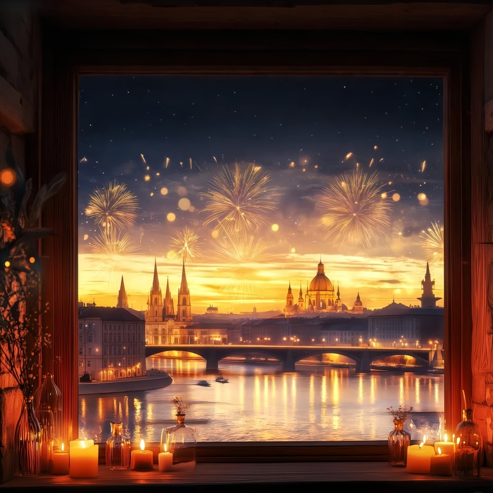 New Year's Backdrop Golden Sunset Cityscape Fireworks Photo Backdrop UK TWW512-10