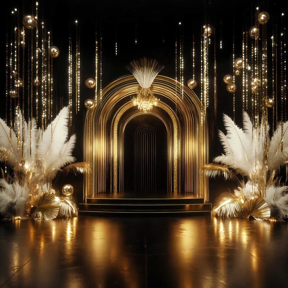 New Year Backdrop Golden Luxe Arch Feather Happy New Year Banner UK TWW512-12