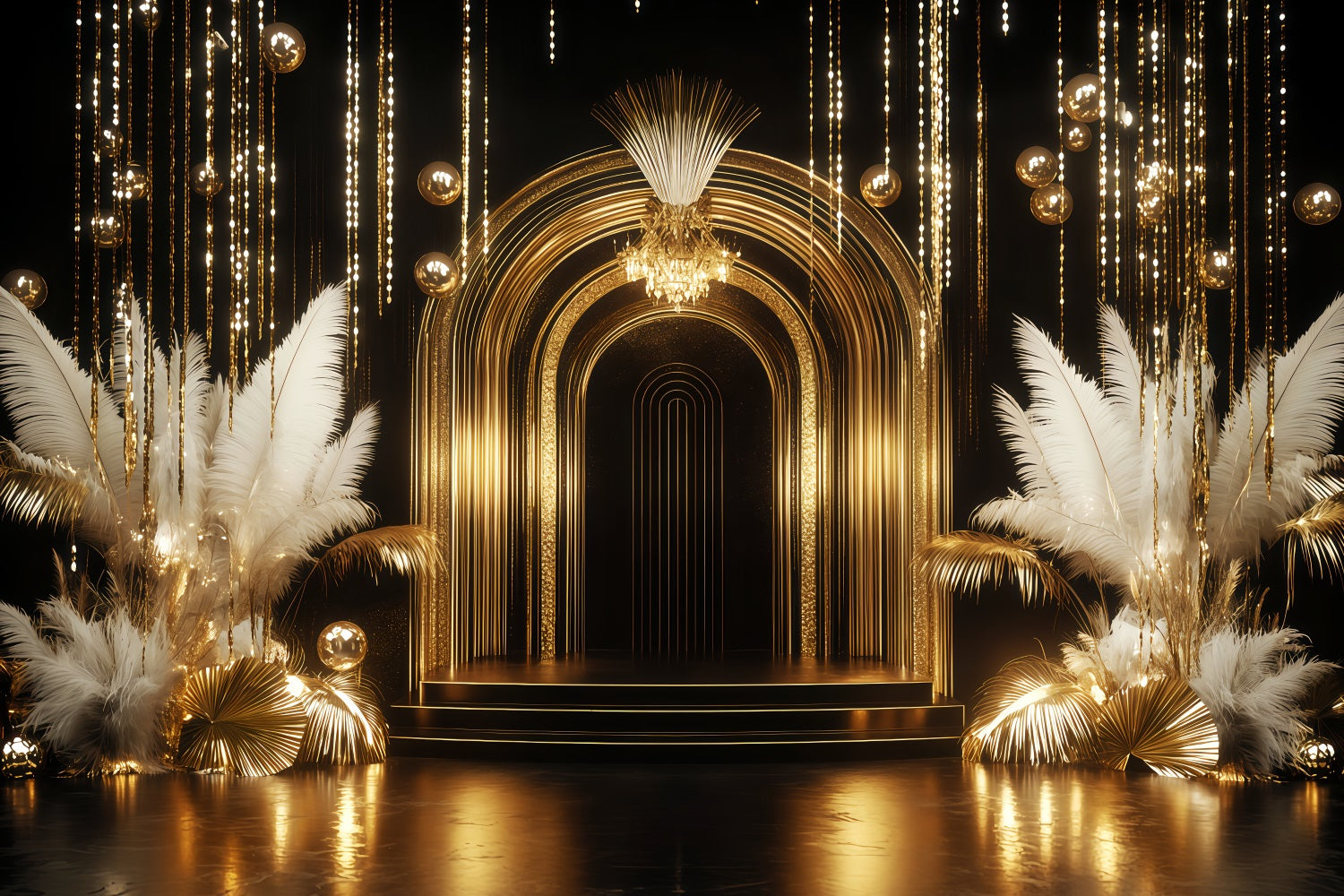 New Year Backdrop Golden Luxe Arch Feather Happy New Year Banner UK TWW512-12