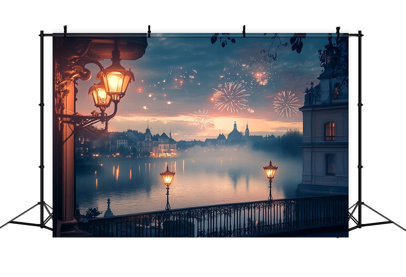 New Years Photo Backdrop Golden Lakeside Fireworks Glow City Night Backdrop UK TWW512-13