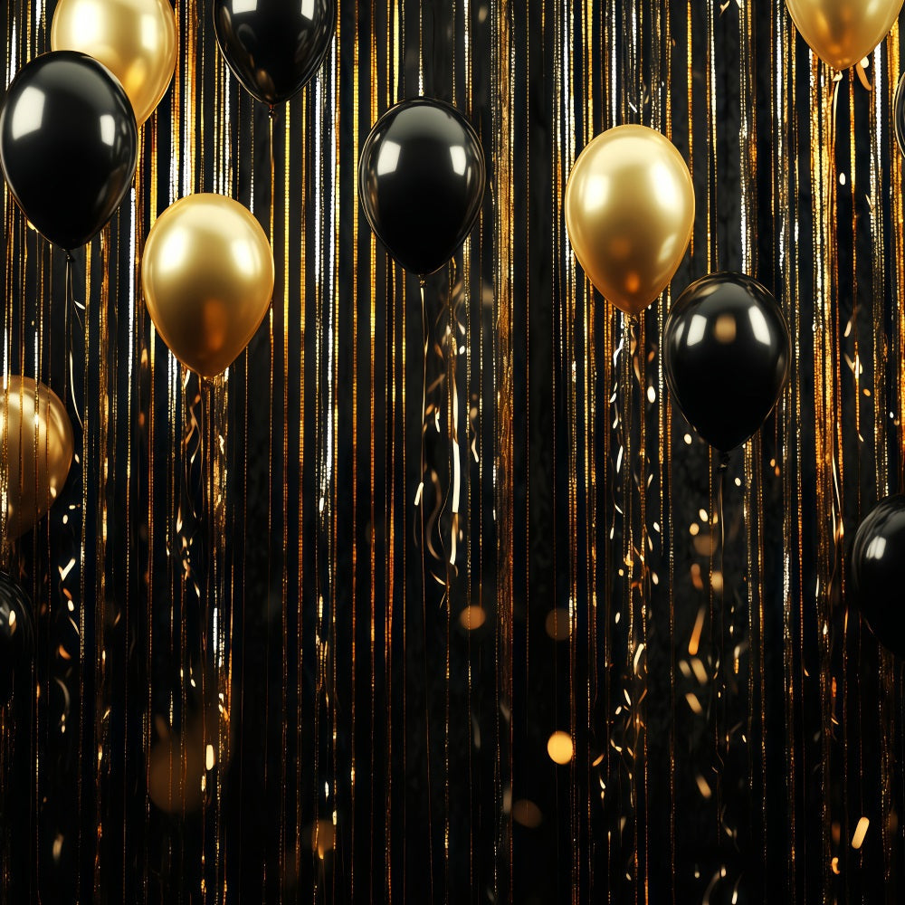 Happy New Year Backdrop Black Gold Balloon Stream Glitter Backdrops UK TWW512-14