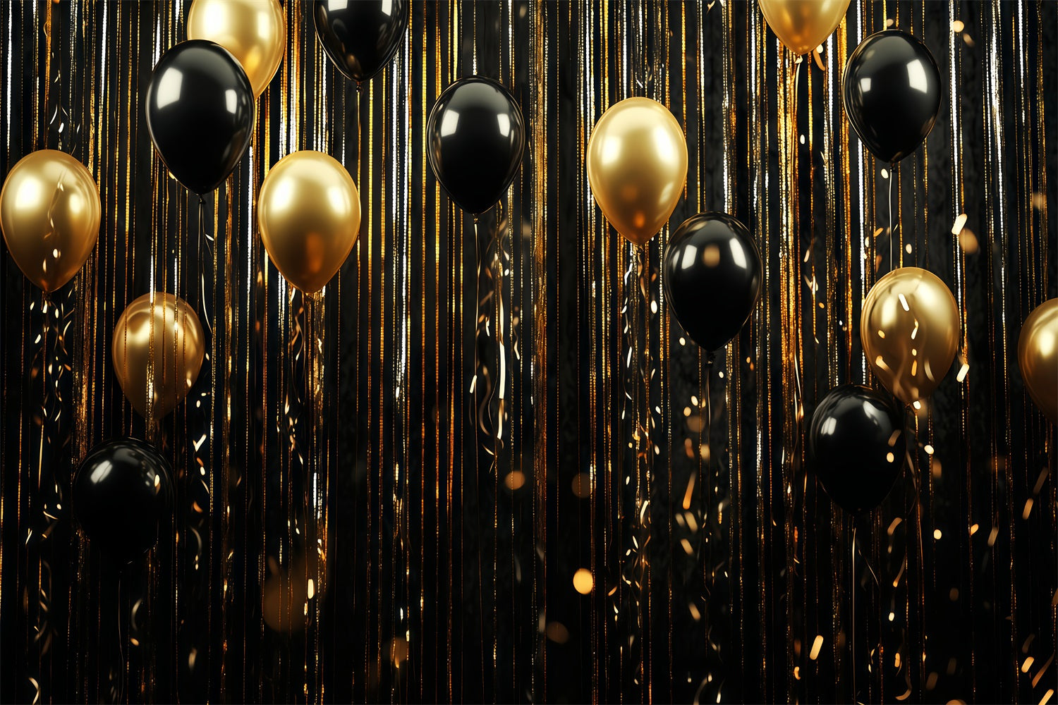 Happy New Year Backdrop Black Gold Balloon Stream Glitter Backdrops UK TWW512-14