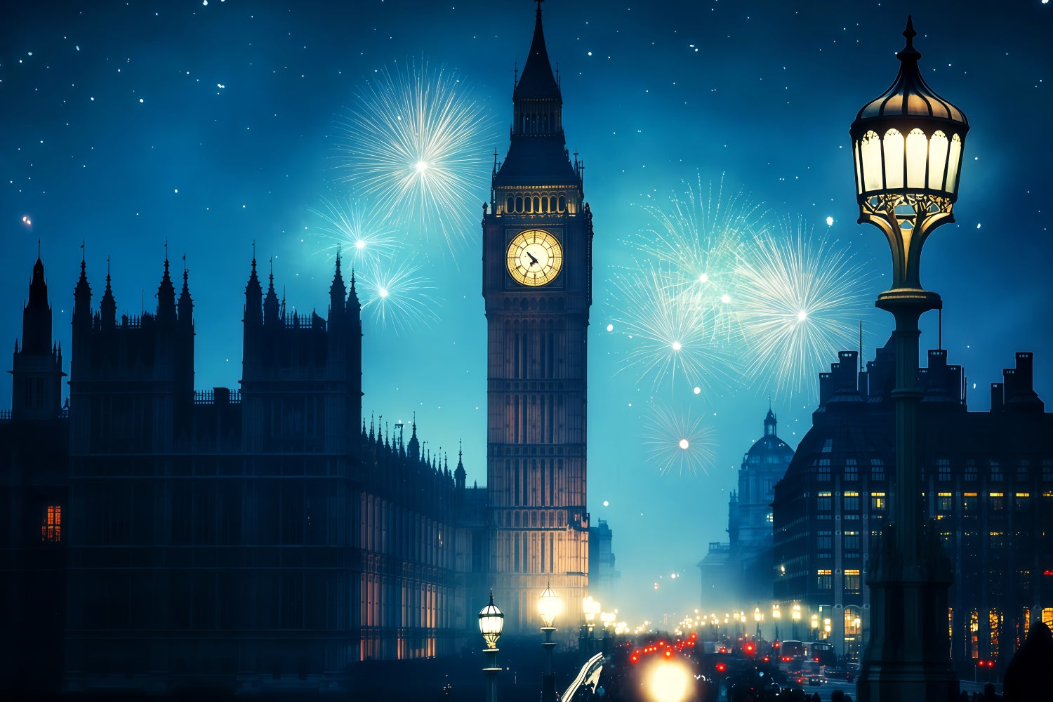 New Years Backdrops London Clocktower Fireworks City Night Backdrop UK TWW512-15