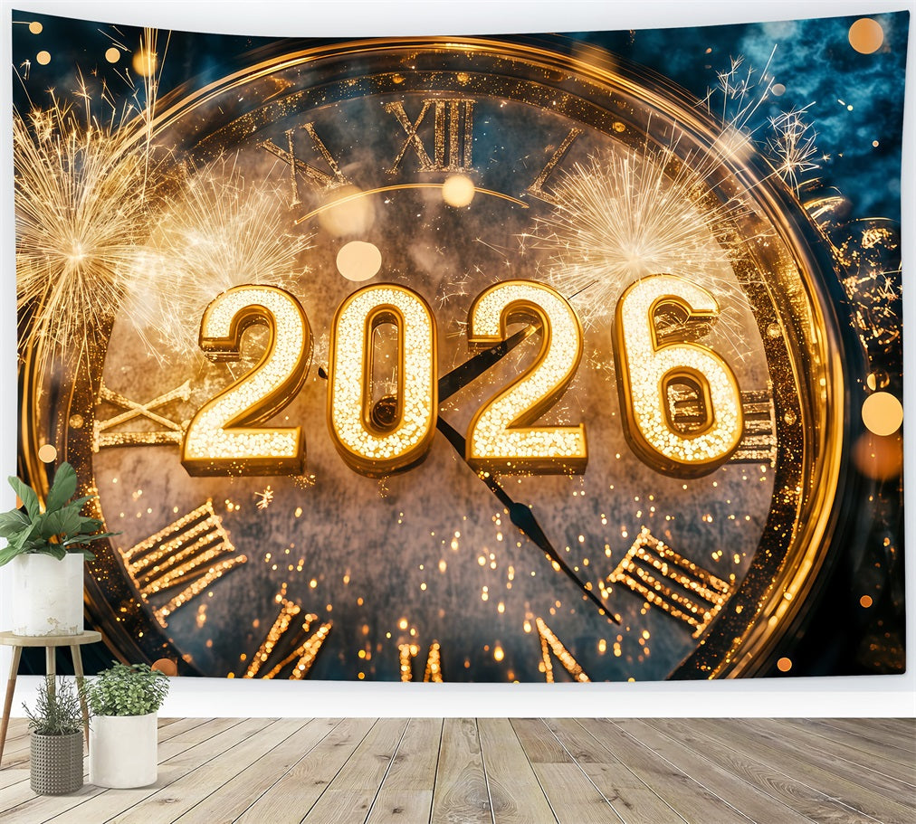 2026 New Year Backdrop Golden Fireworks Bokeh Countdown Clock Photo Backdrop UK TWW512-2