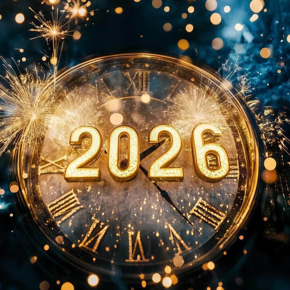 2026 New Year Backdrop Golden Fireworks Bokeh Countdown Clock Photo Backdrop UK TWW512-2