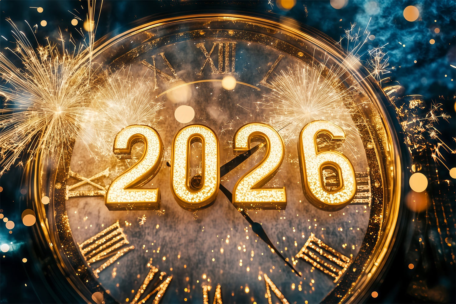 2026 New Year Backdrop Golden Fireworks Bokeh Countdown Clock Photo Backdrop UK TWW512-2
