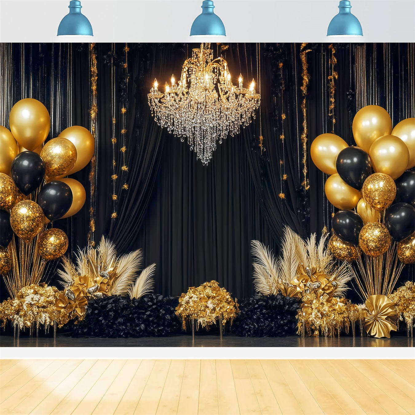 New Year Backdrop Ideas Luxury Chandelier Balloon Black And Gold Backdrop UK TWW512-28
