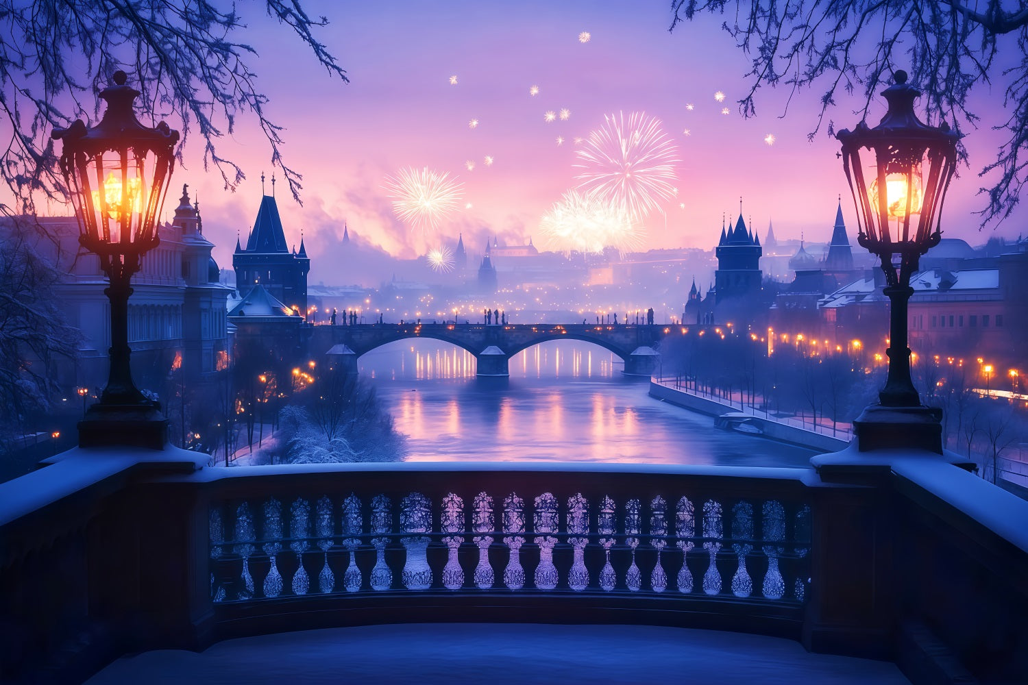 New Year Photo Backdrop Frosted River Fireworks Glow City Night Backdrop UK TWW512-29