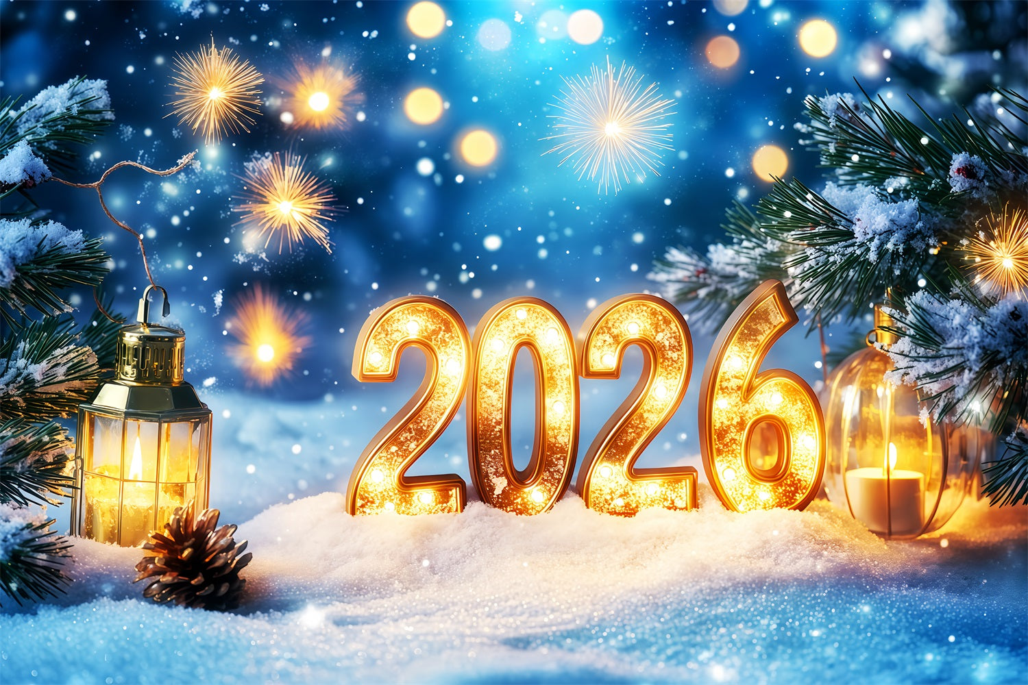 2026 New Year Backdrop Snowlit Pines Firework Bokeh New Years Eve Backdrop UK TWW512-31