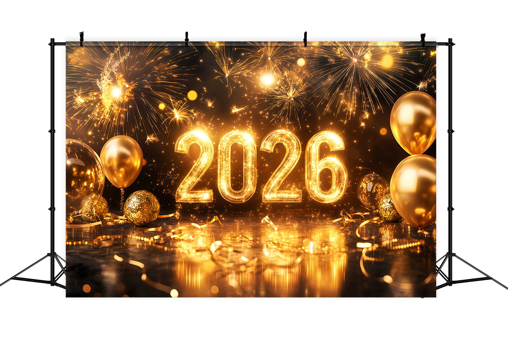 2026 New Year Backdrop Sparkling Gold Balloons Fireworks Backdrop UK TWW512-4