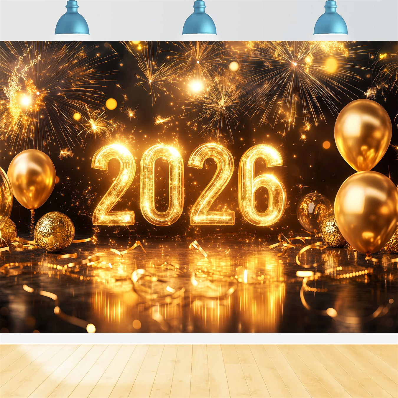 2026 New Year Backdrop Sparkling Gold Balloons Fireworks Backdrop UK TWW512-4