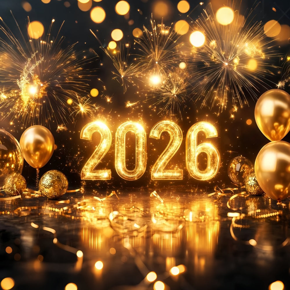 2026 New Year Backdrop Sparkling Gold Balloons Fireworks Backdrop UK TWW512-4