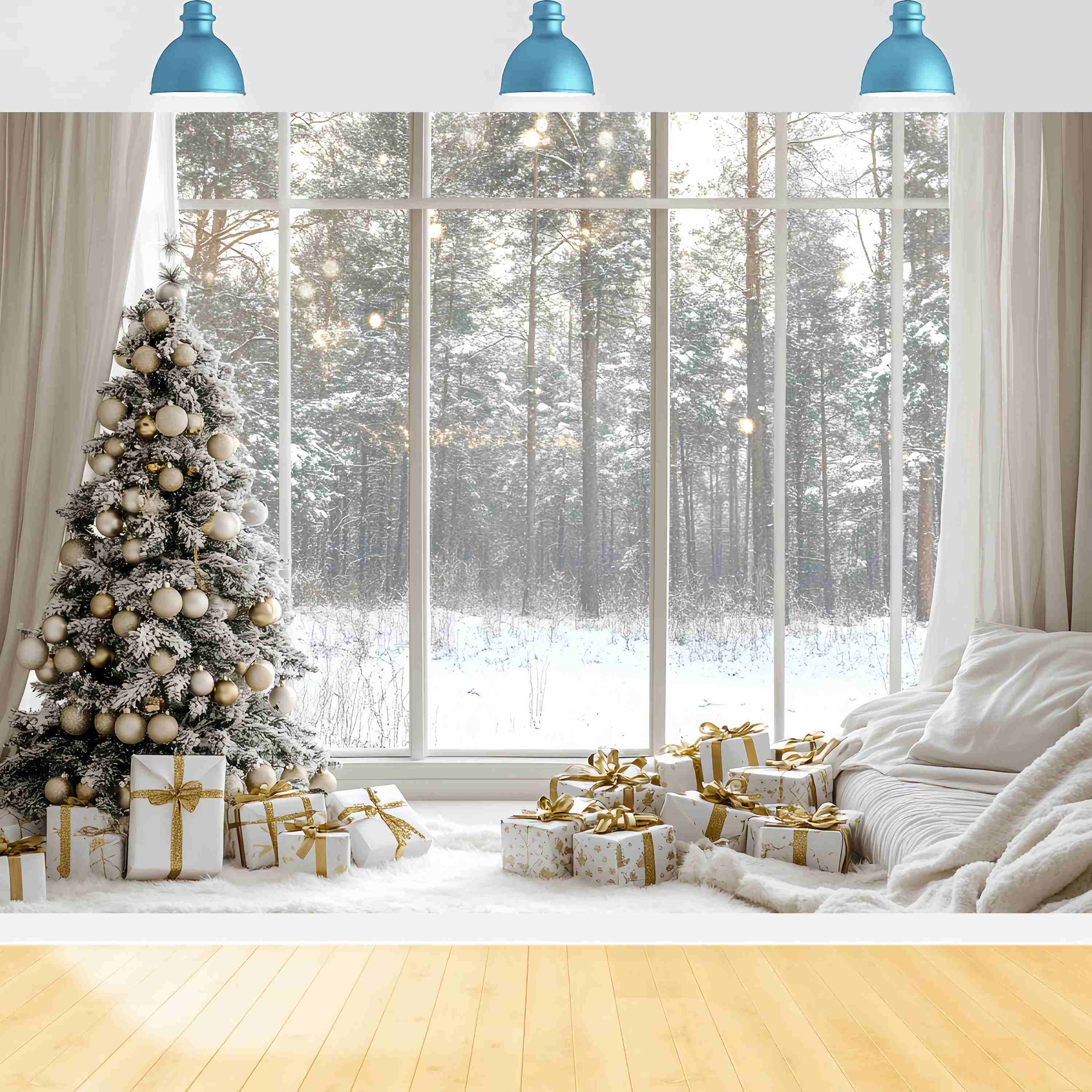 White Christmas Backdrop Snowy Pine Gold Ornament Cozy Window Christmas Backdrops for Photography UK TWW58-100