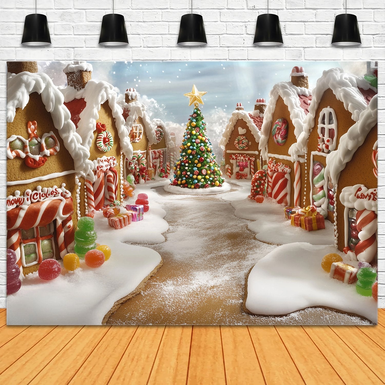 Candyland Christmas Backdrop Gingerbread Candy Village Christmas Tree Professional Christmas Backdrops UK TWW58-101