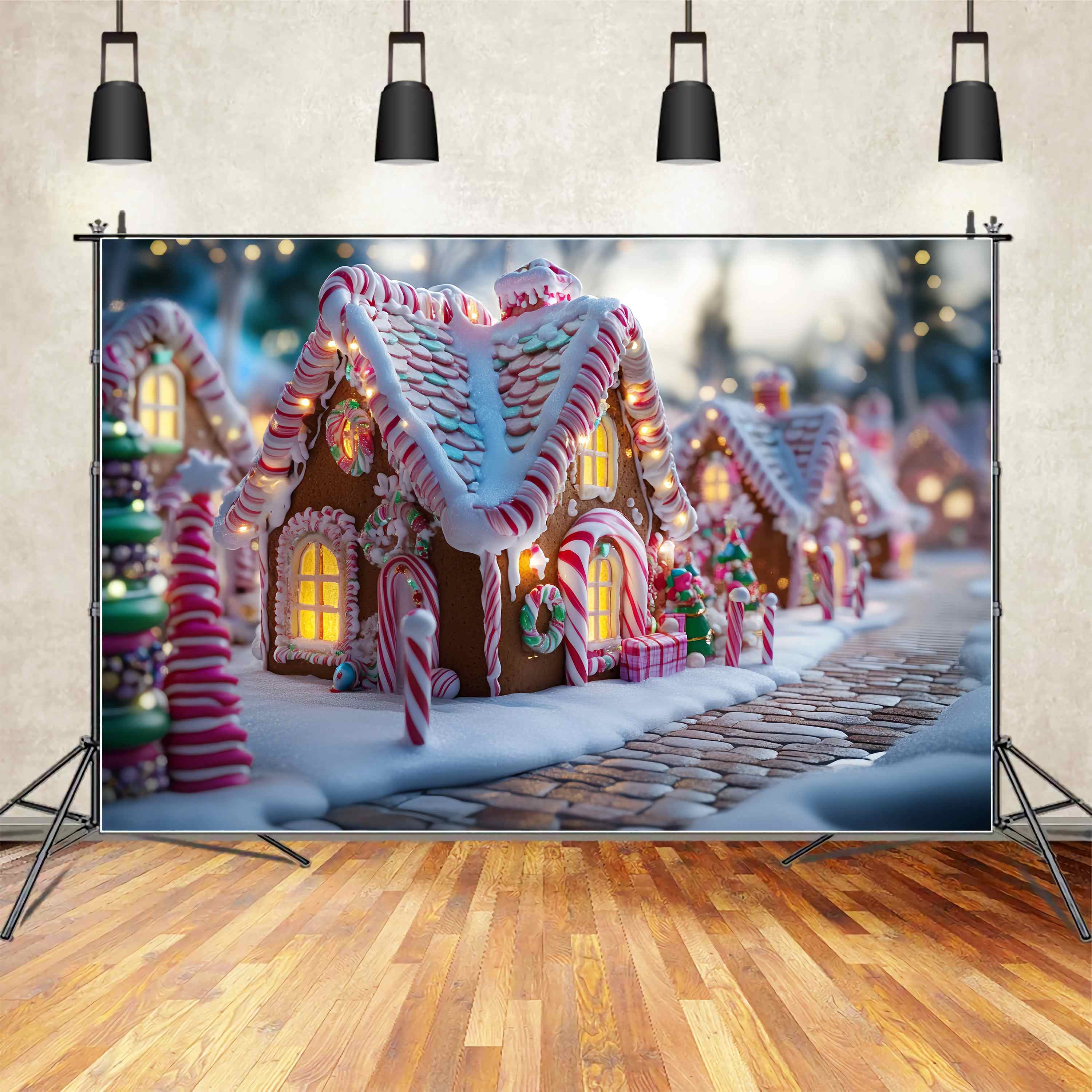 Candyland Christmas Backdrop Candy Cane Gingerbread House Street Christmas Photo Backdrops UK TWW58-103