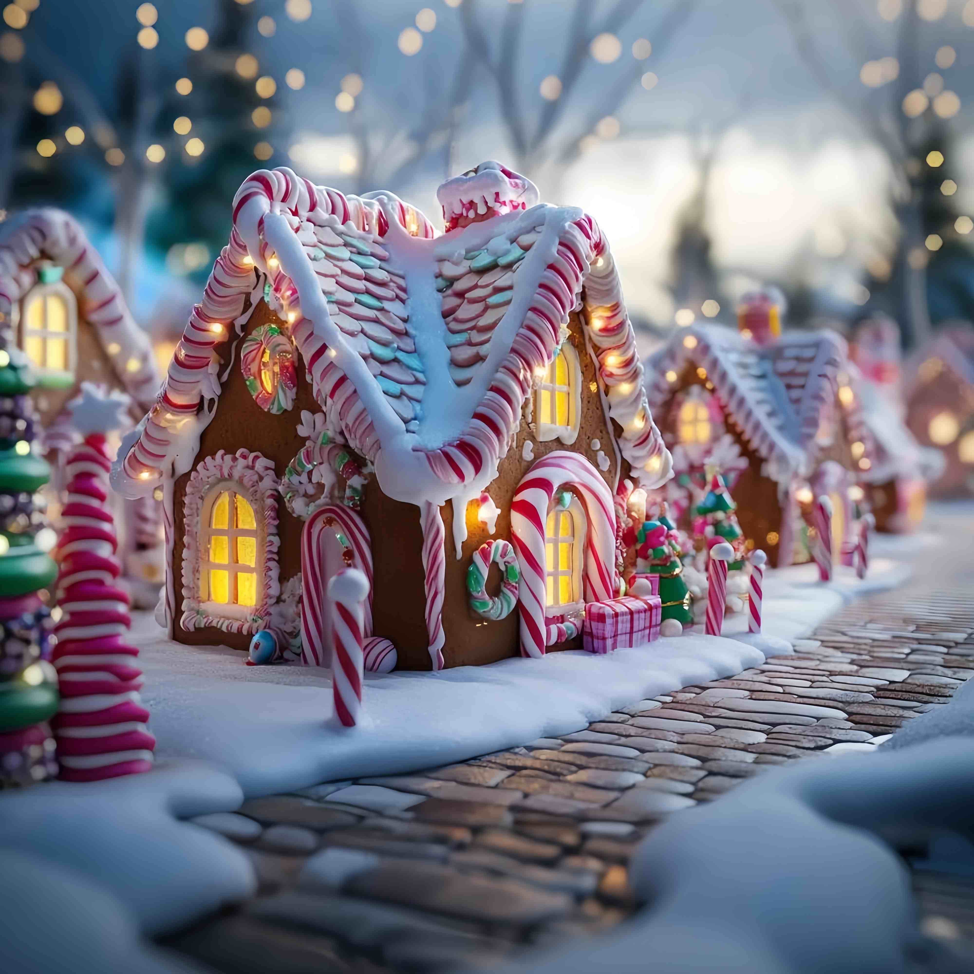 Candyland Christmas Backdrop Candy Cane Gingerbread House Street Christmas Photo Backdrops UK TWW58-103