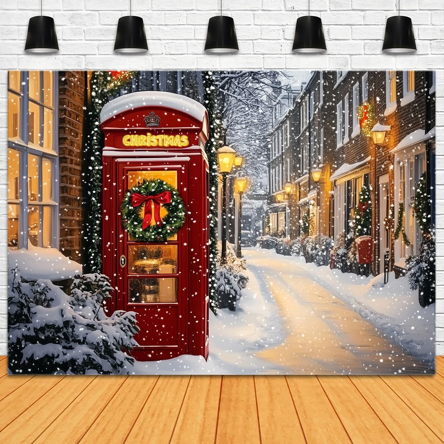 Red Christmas Backdrop Red Phone Booth Snowy Street Backdrop Christmas UK TWW58-105