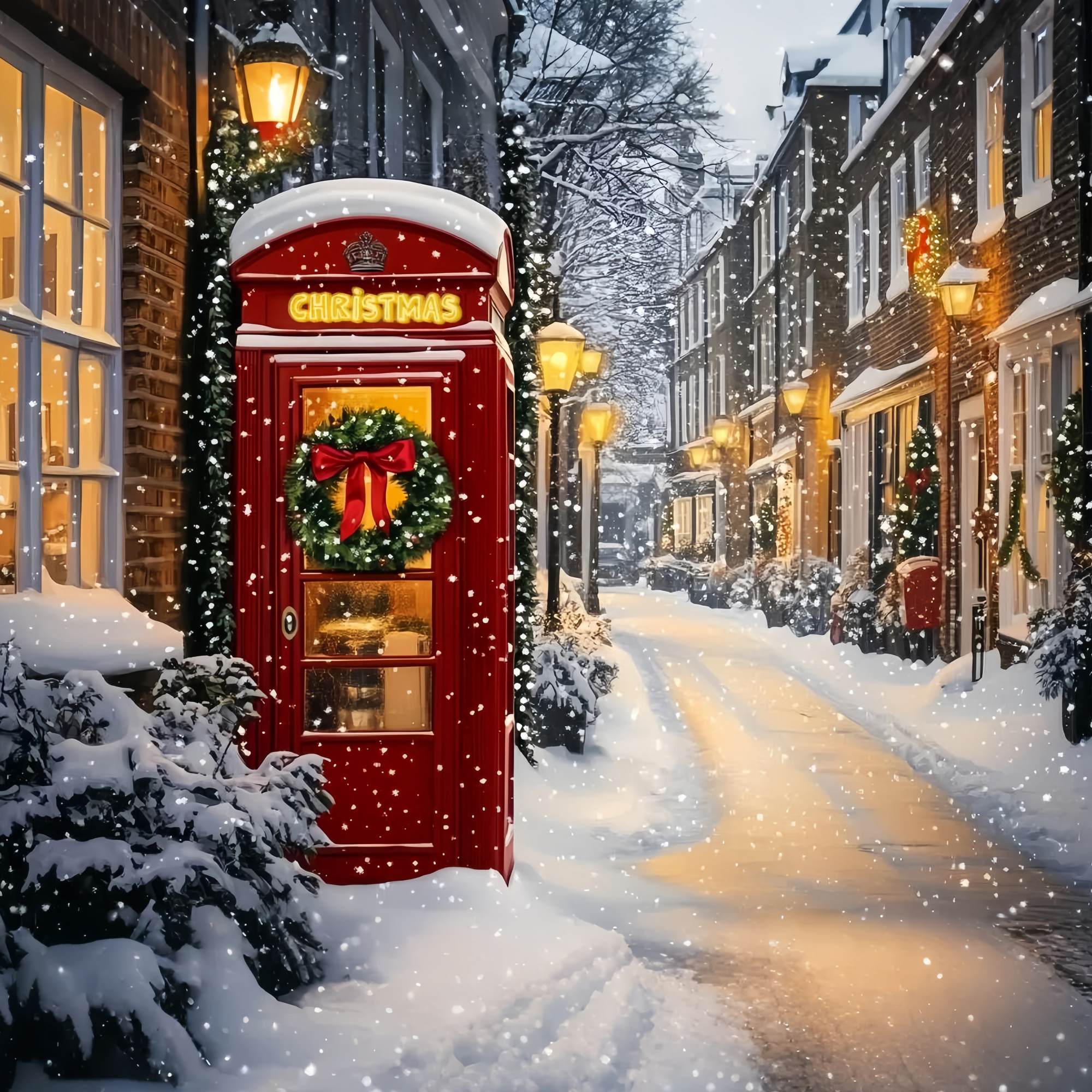 Red Christmas Backdrop Red Phone Booth Snowy Street Backdrop Christmas UK TWW58-105