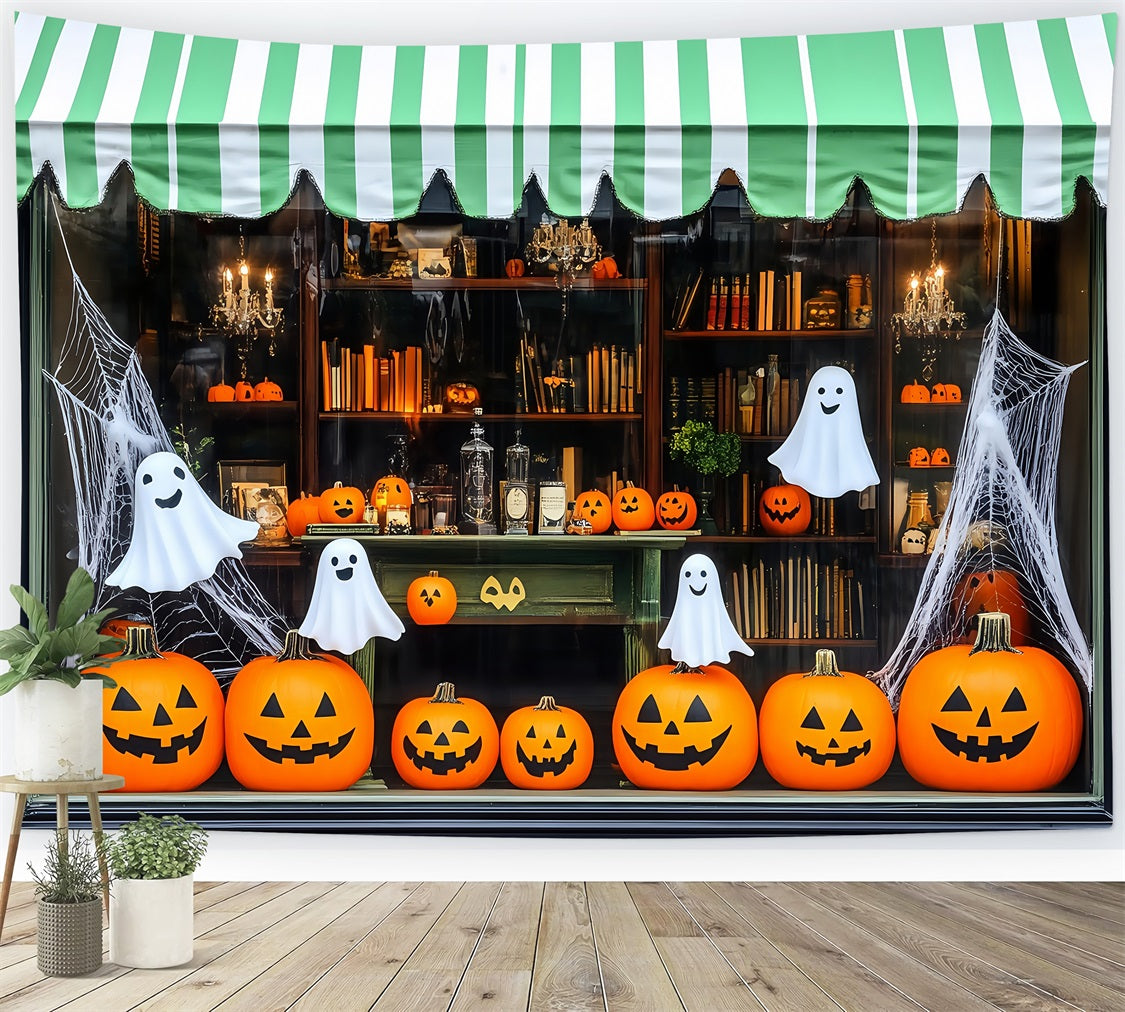 Halloween Smiling Pumpkins and Ghosts in Storefront Display Halloween Photo Backdrop UK TWW58-12