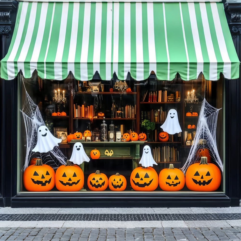 Halloween Smiling Pumpkins and Ghosts in Storefront Display Halloween Photo Backdrop UK TWW58-12