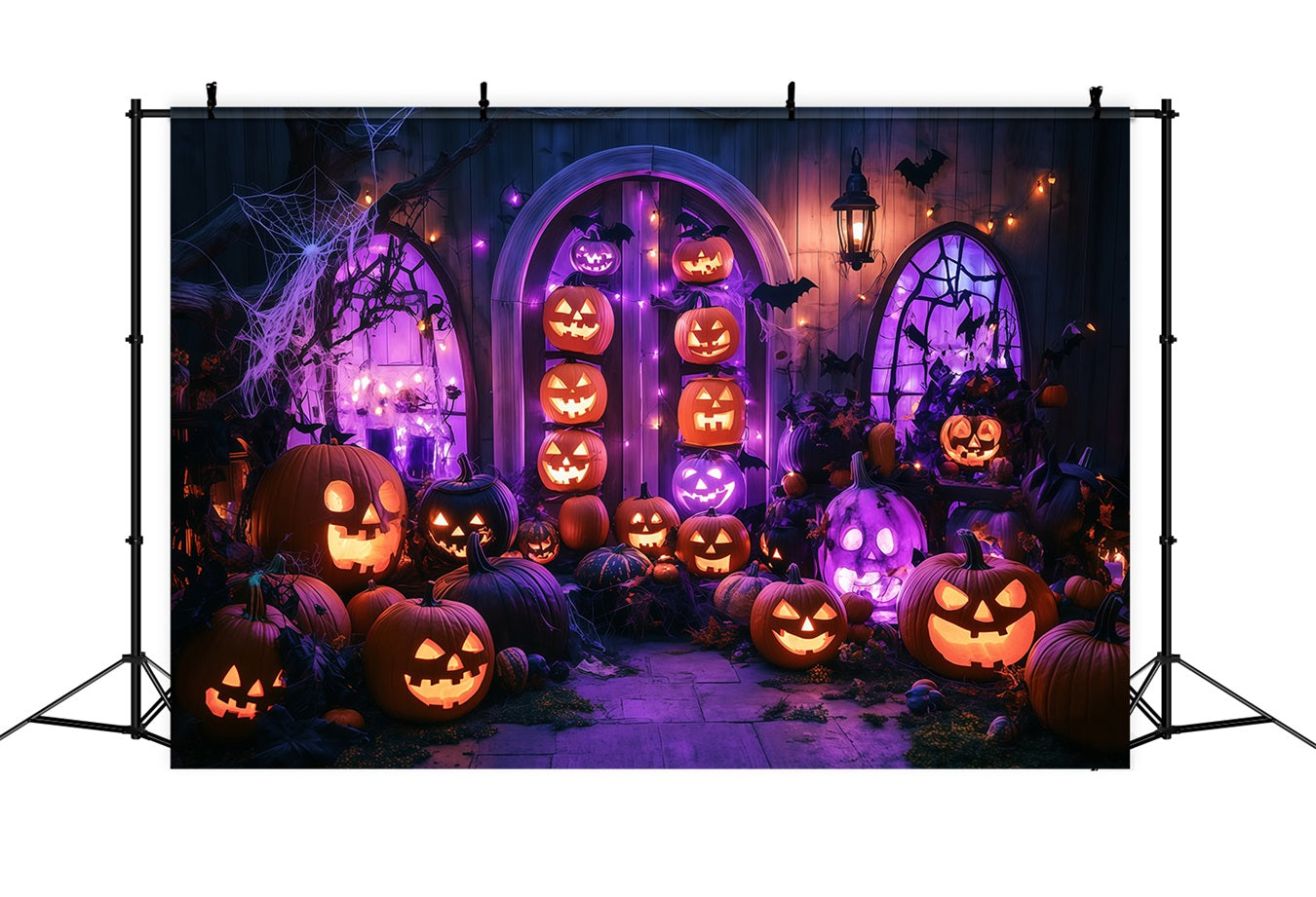 Halloween Wall Backdrop Glowing Jack-O’-Lantern Porch with Purple Lights Halloween Photo Backdrop UK TWW58-13