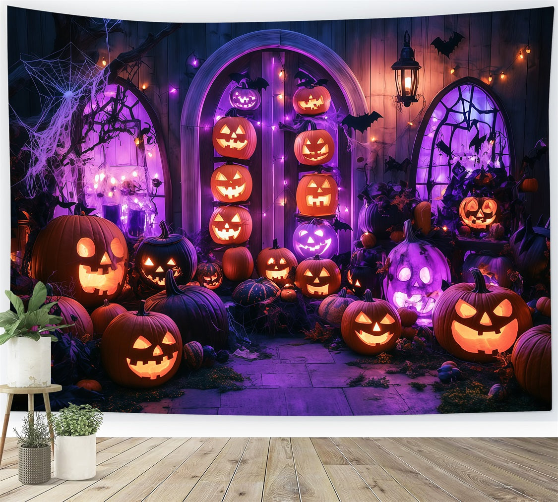 Halloween Wall Backdrop Glowing Jack-O’-Lantern Porch with Purple Lights Halloween Photo Backdrop UK TWW58-13
