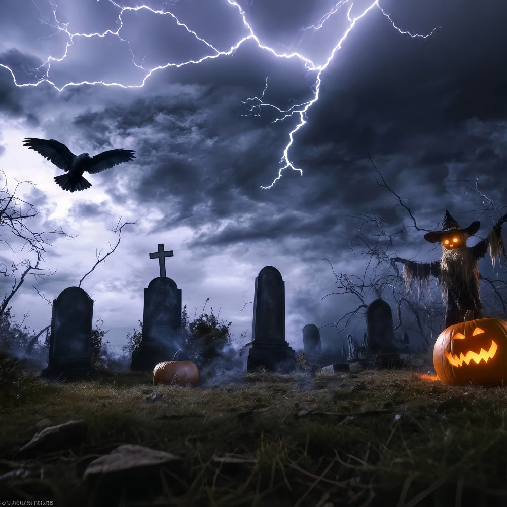 Halloween Graveyard Backdrop Stormy Graveyard with Scarecrow and Lightning Halloween Photo Backdrop UK TWW58-14