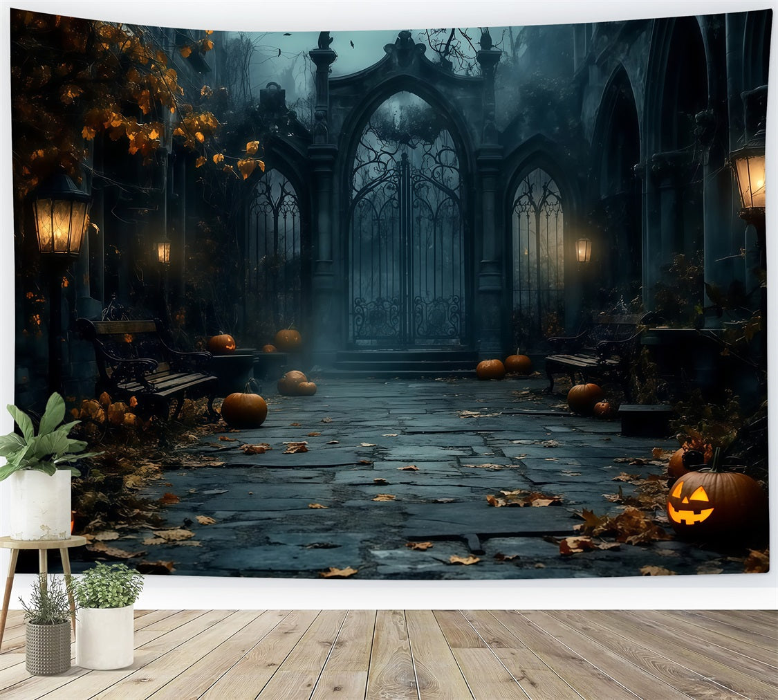 Halloween Foggy Gothic Gate with Scattered Pumpkins Halloween Photo Backdrop UK TWW58-15