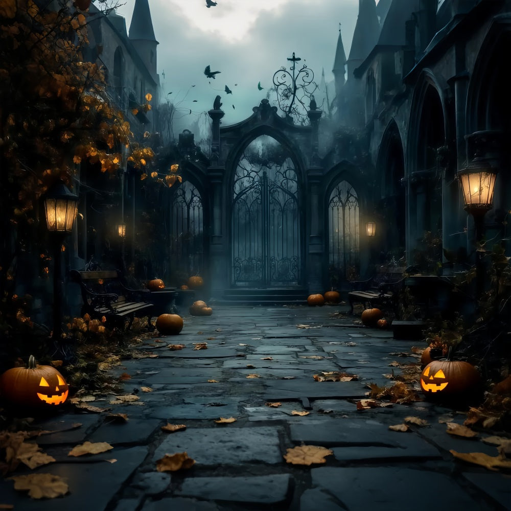 Halloween Foggy Gothic Gate with Scattered Pumpkins Halloween Photo Backdrop UK TWW58-15