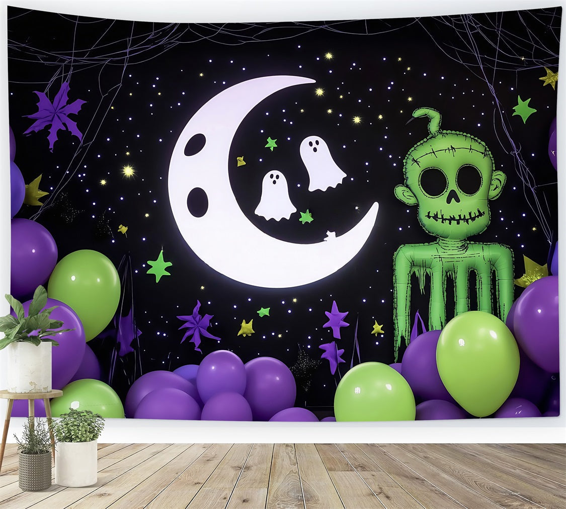 Halloween Wall Backdrop Cartoon Moon Ghosts and Green Zombie Decor Halloween Backdrop for Photos UK TWW58-17
