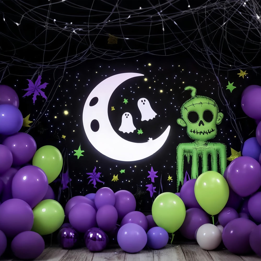 Halloween Wall Backdrop Cartoon Moon Ghosts and Green Zombie Decor Halloween Backdrop for Photos UK TWW58-17