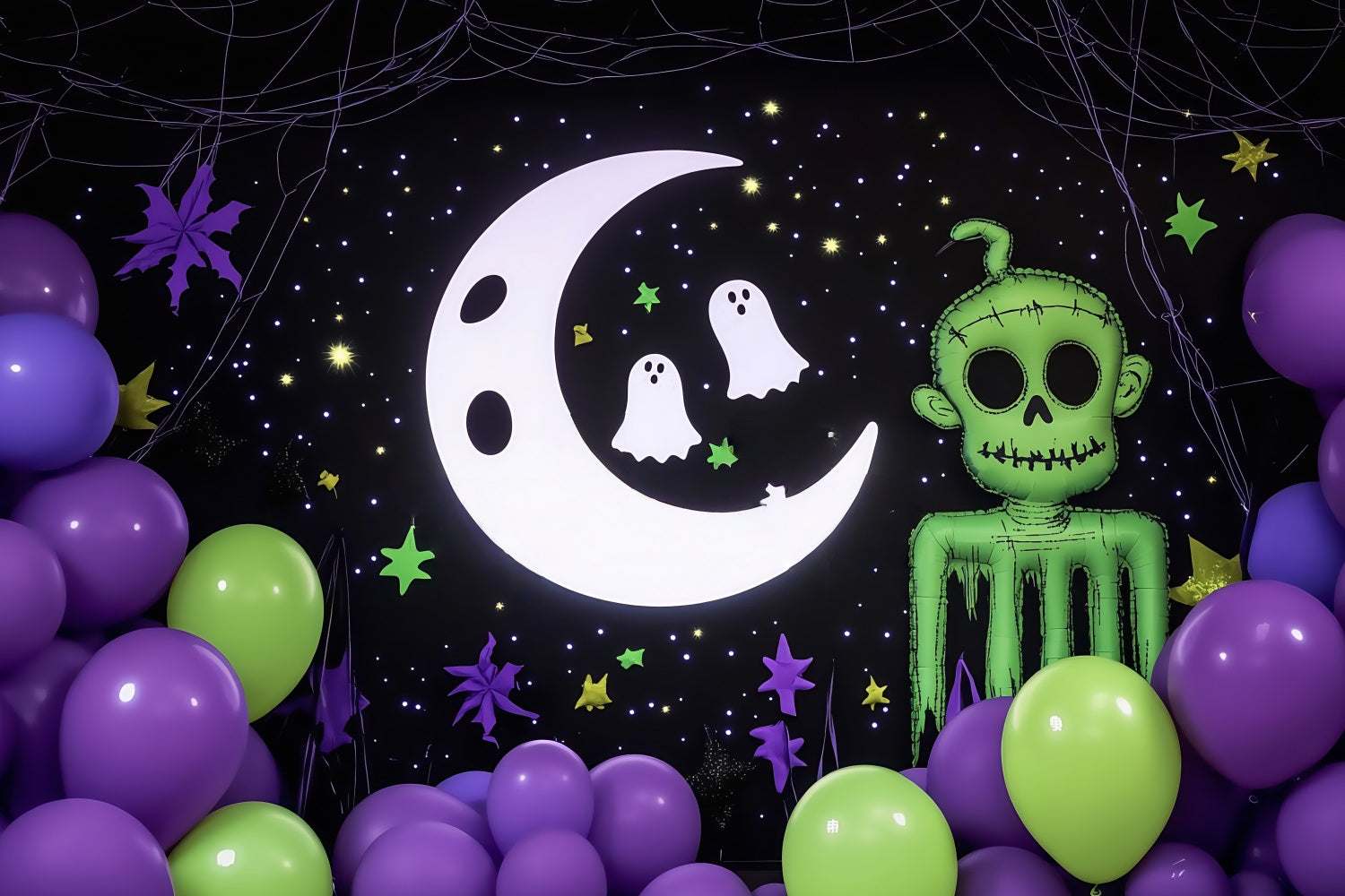 Halloween Wall Backdrop Cartoon Moon Ghosts and Green Zombie Decor Halloween Backdrop for Photos UK TWW58-17