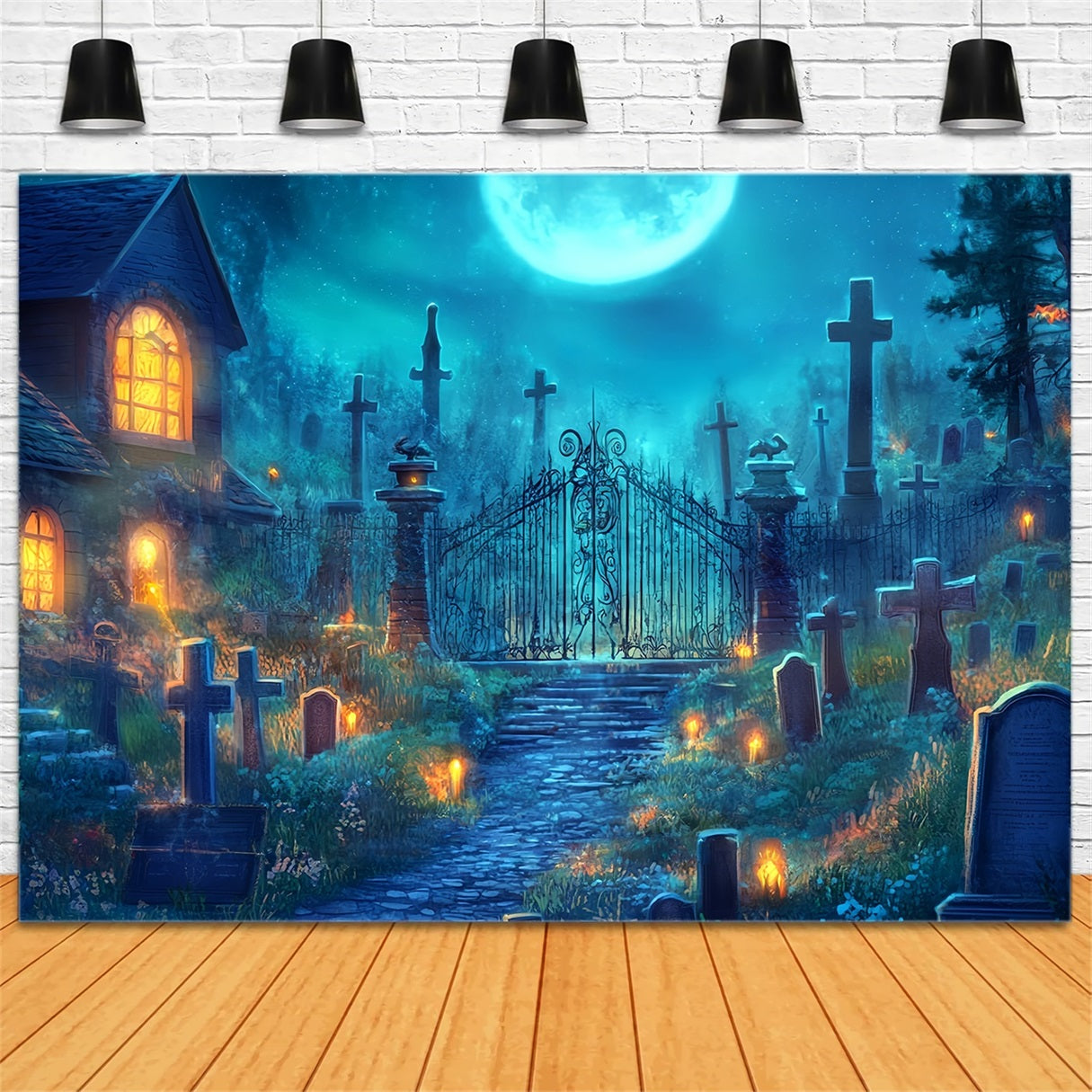 Halloween Graveyard Backdrop Moonlit Cemetery with Iron Gate Halloween Backdrop UK TWW58-2