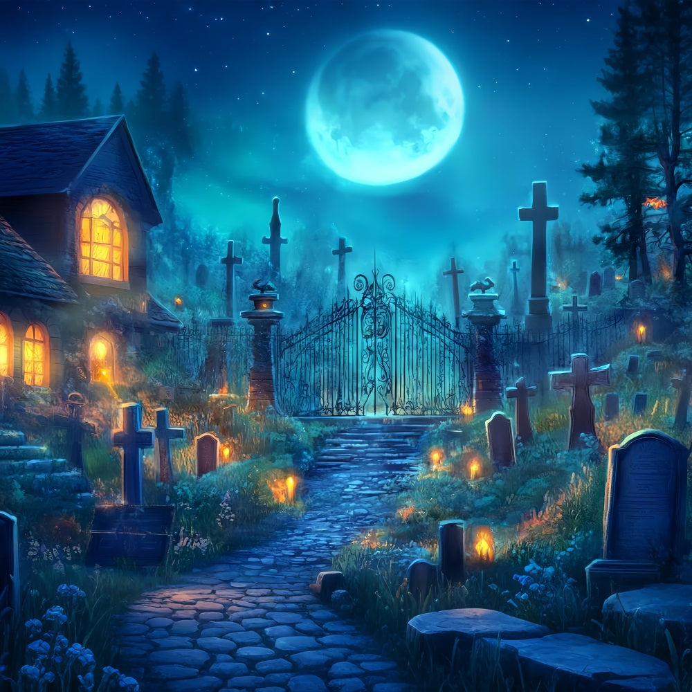 Halloween Graveyard Backdrop Moonlit Cemetery with Iron Gate Halloween Backdrop UK TWW58-2