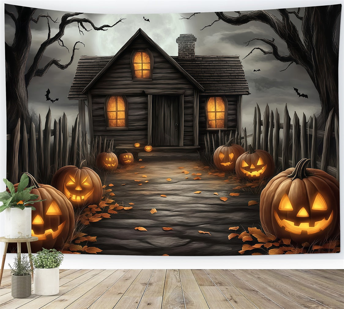 Halloween Haunted House Pathway with Carved Pumpkins Halloween Backdrop for Photos UK TWW58-20