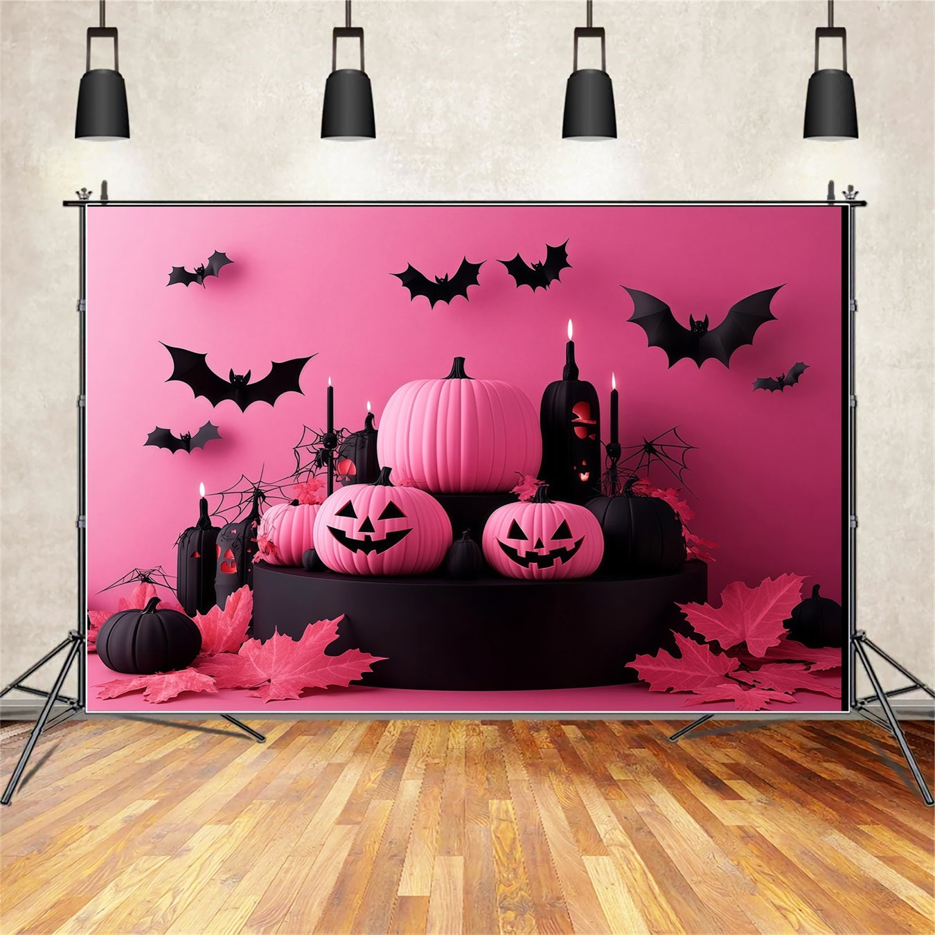 Halloween Pink and Black Pumpkins with Flying Bats Halloween Backdrop Ideas UK TWW58-22