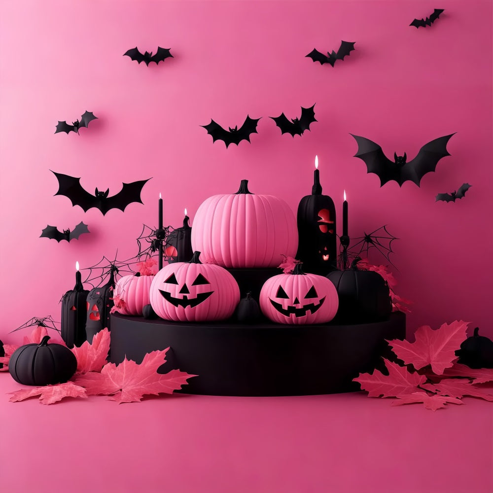 Halloween Pink and Black Pumpkins with Flying Bats Halloween Backdrop Ideas UK TWW58-22