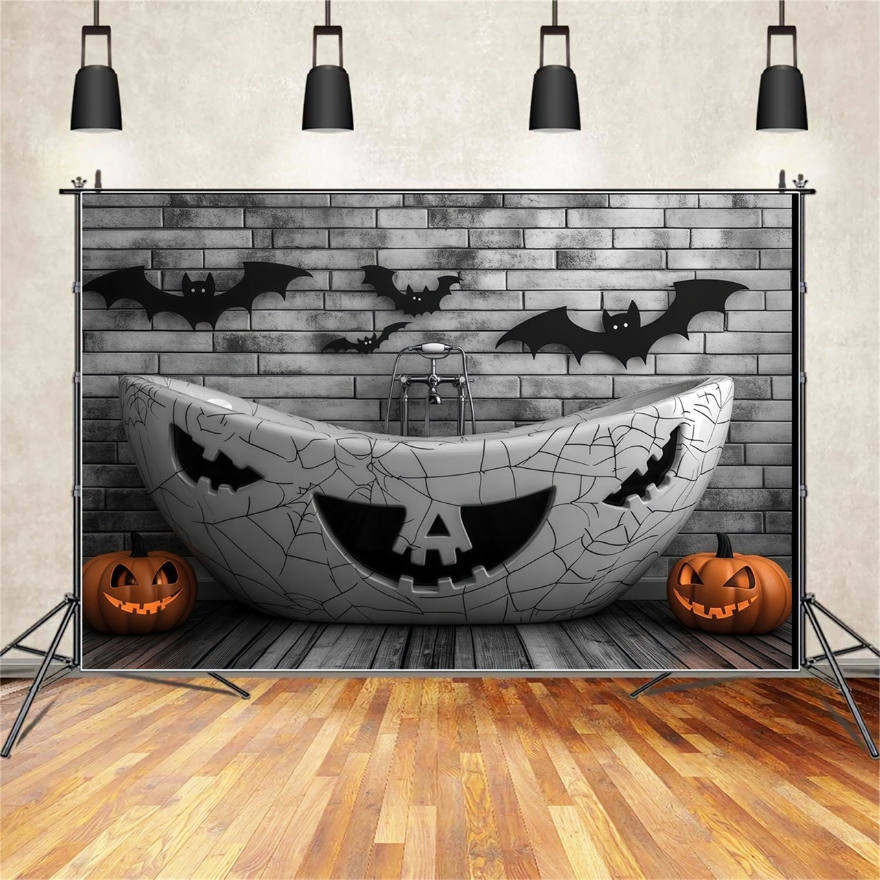 Halloween Haunted Bathtub with Pumpkin Carvings and Bats Halloween Backdrop Ideas UK TWW58-23
